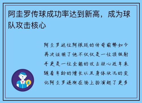 阿圭羅傳球成功率達(dá)到新高，成為球隊(duì)攻擊核心