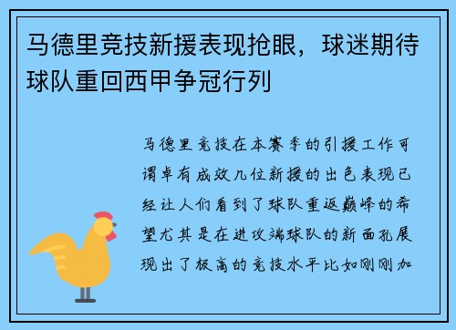 馬德里競技新援表現(xiàn)搶眼，球迷期待球隊(duì)重回西甲爭冠行列