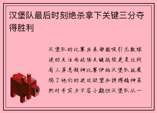 漢堡隊最后時刻絕殺拿下關鍵三分奪得勝利